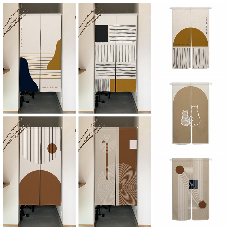 Noren Curtain Doorway - モダンなミニマリスト風のれんカーテン幾何学模様ニュートラルトーンリネンドアカーテンキッチンエントランス分割ハーフカーテン