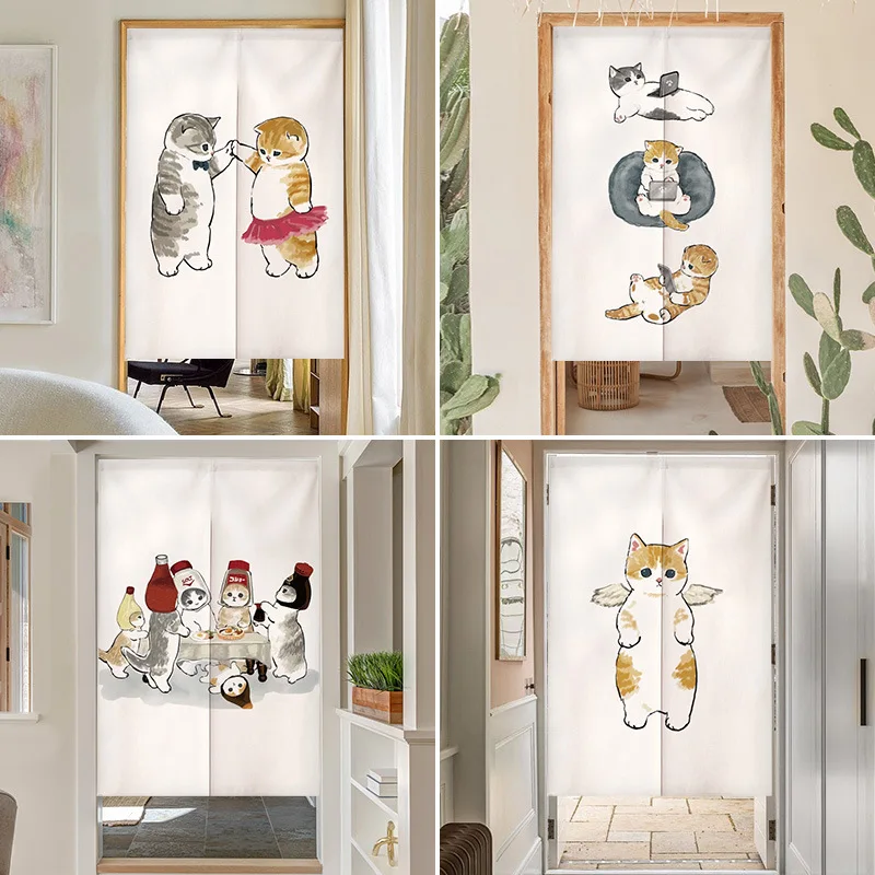 Noren Curtain Doorway - 面白い猫柄の日本風ドアカーテン、ノレン、かわいいドレープ、リビングルーム、レストラン、出入り口、仕切り、キッチン、玄関用のハーフカーテン