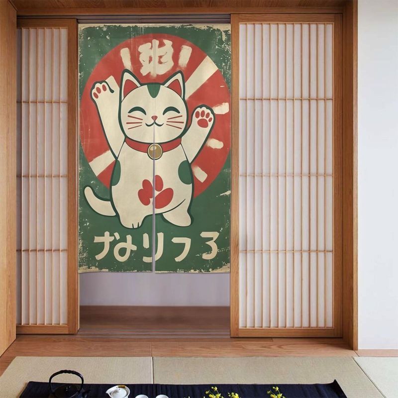 VIKAMA レトログリーン招き猫ドアカーテン ディストレス - Noren Curtain Doorway のレビューと価格